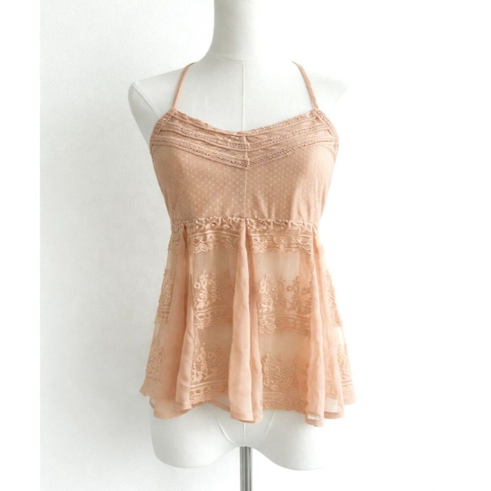 Boho Peach Lace Cami Tank Top Flowy Babydoll Sheer Layered Size Small